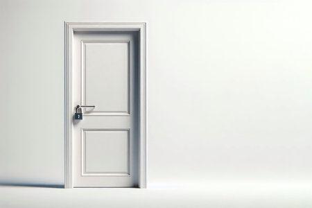 Closed door with padlock on a light background. Space for textの素材