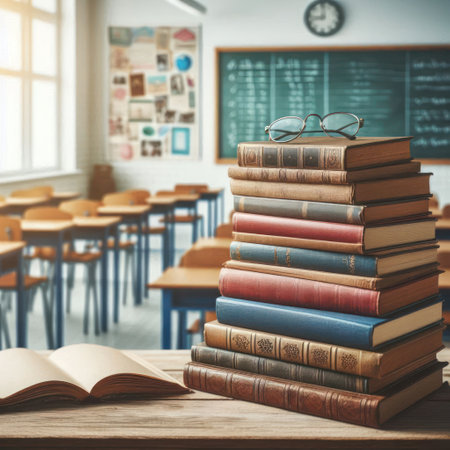 Stack of books in an empty classroom with glassesの素材