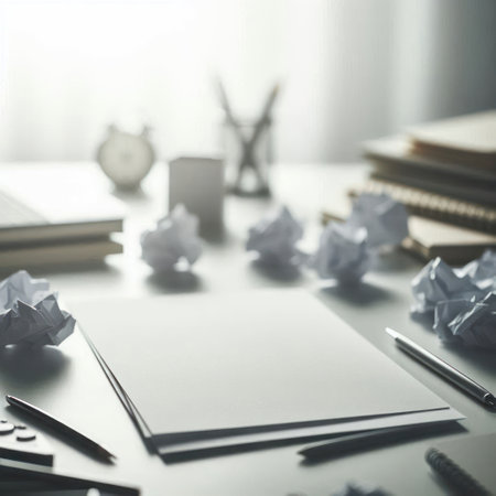 A blank sheet of paper and crumpled drafts on the desktopの素材