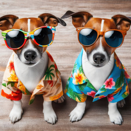 Dogs in Hawaiian shirts and sunglassesの素材