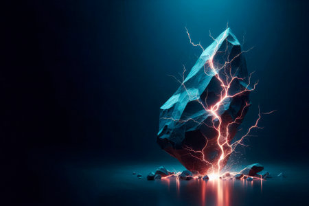 A stone with cracks and lightning, the power of nature. Space for textの素材