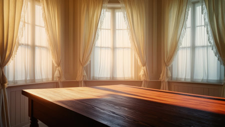 Sunlight on a wooden table in a cozy roomの素材