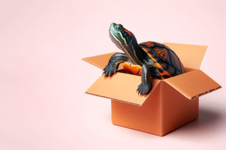 A turtle tries to climb out of a cardboard box. Space for textの素材