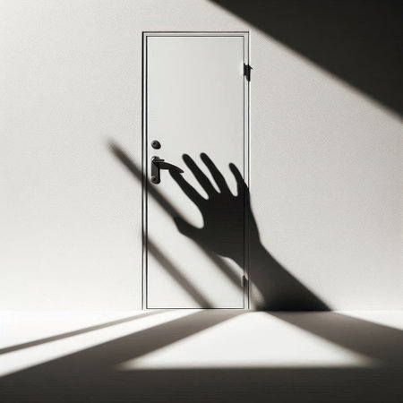 The shadow of a hand reaching for the doorknob. Space for textの素材
