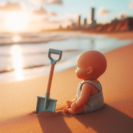 Baby doll with a small shovel on the beachの素材