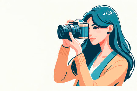 A woman with a camera creating a picture. Space for textの素材