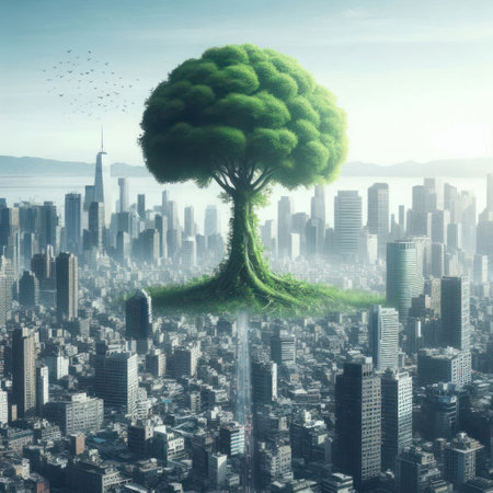 A huge tree in the concrete jungle of the cityの素材