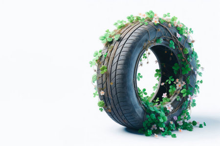 A car tire covered with greenery and flowers. Space for textの素材