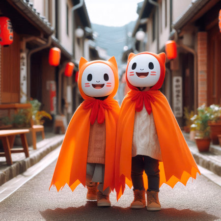Children in cat costumes against the background of the streetの素材