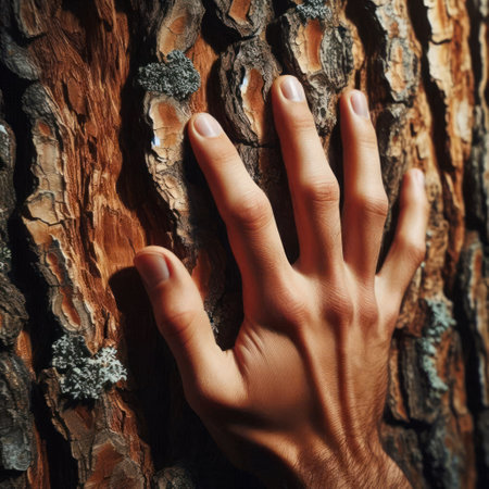 A human hand touching the bark of a treeの素材