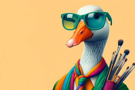 A goose wearing sunglasses and with paint brushes. Space for textの素材