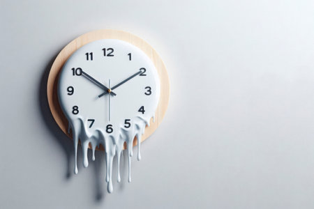 Wall clock with a melting dial, symbolizing the passage of time. Space for textの素材