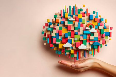 A colorful world of cubes in the palm of your hand. Space for textの素材