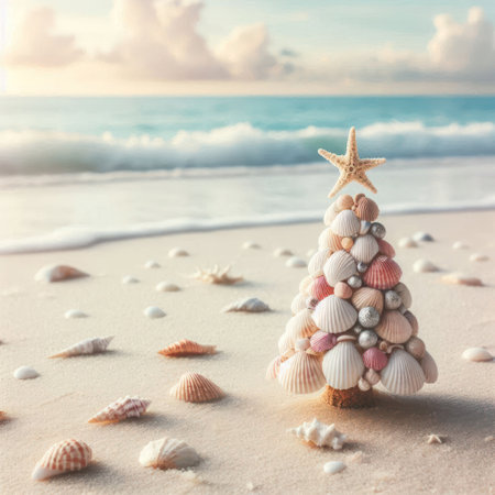 A Christmas tree made of shells on the beachの素材