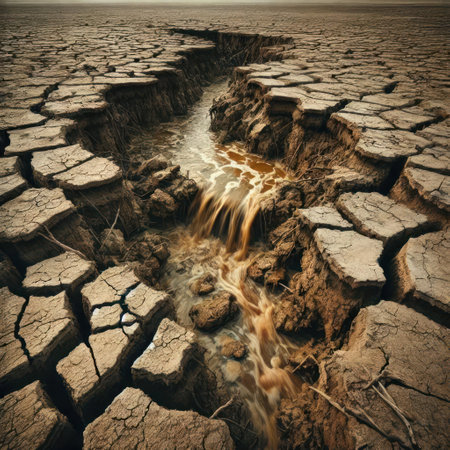 A deep crack in the dry ground with streams of dirty waterの素材