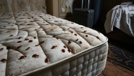 A dirty mattress with crawling cockroaches in the roomの素材