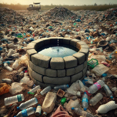 A well with water among heaps of garbageの素材