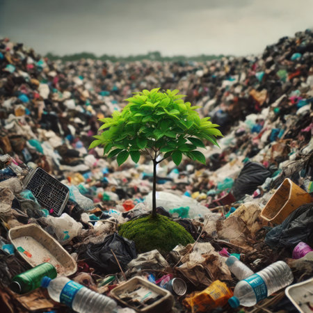 A young tree that has grown among a pile of garbageの素材