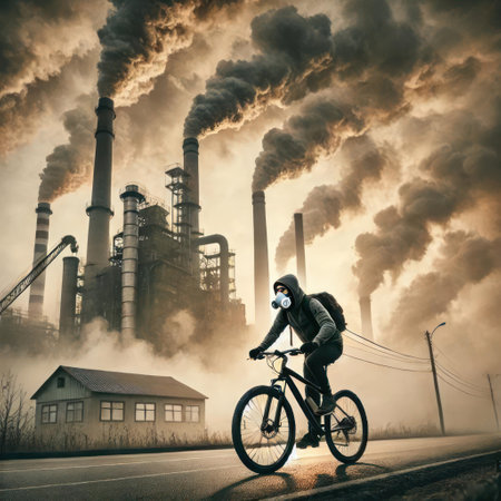 A cyclist rides against the background of thick smoke from factory emissionsの素材