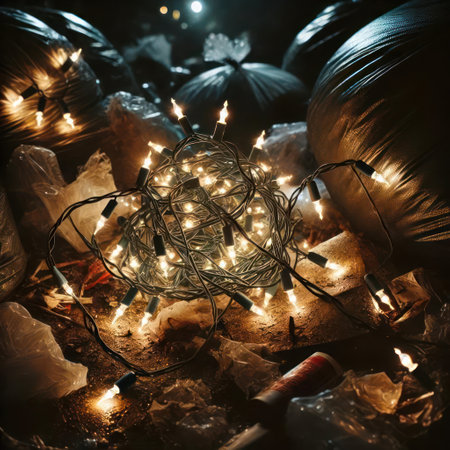 A tangled garland of New Year's lights among the garbageの素材
