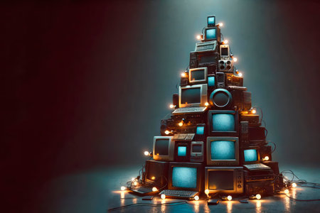 Christmas tree made of old TVs and electronics with a garland. Space for textの素材