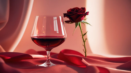 Glass glass with red wine next to a red roseの素材