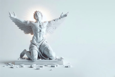 Cracked sculpture of an angel on his knees. Space for textの素材