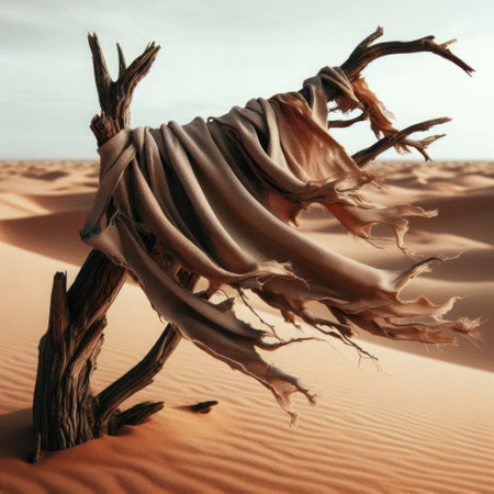 Fluttering fabric on a dry tree in the desertの素材