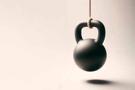 A kettlebell on a rope, hanging on a clean background. Space for textの素材