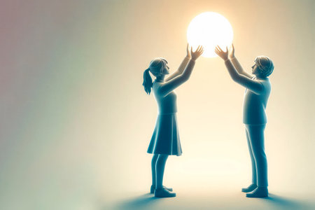 A couple holds a glowing ball together. Space for textの素材