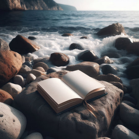 An open, clean book lies on a rock by the seaの素材