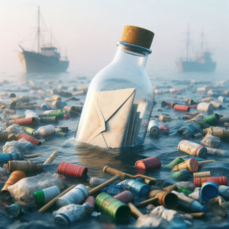 A bottle with a letter among the garbage in the oceanの素材