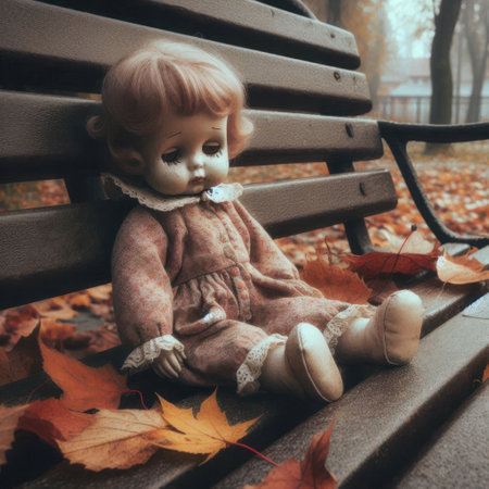 Sad doll on a bench among autumn leavesの素材
