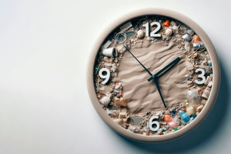 A clock with garbage inside in place of numbers. Space for textの素材