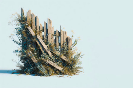 An abandoned ruined fence overgrown with plants. Space for textの素材