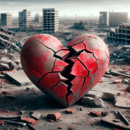 A cracked heart against the backdrop of a ruined city and ruinsの素材