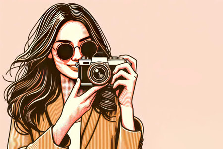 A girl with a camera in her hands in a vintage style. Space for textの素材