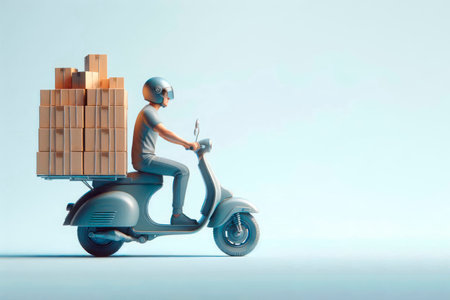 Courier on a motorcycle with boxes on a light background. Space for textの素材