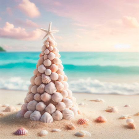 A Christmas tree made of shells on the beachの素材