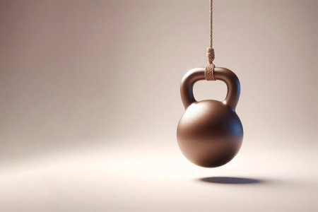 The kettlebell is suspended on a rope. Space for textの素材