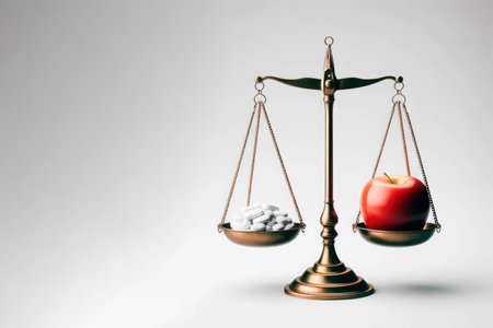 An apple and pills on the scales. Space for textの素材