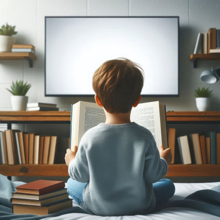 Boy with book in front of clean TV at homeの素材