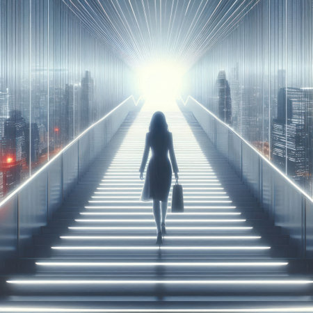 A woman walks along the luminous steps into the futureの素材