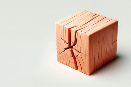 A cracked wooden cube on a light background. Space for textの素材