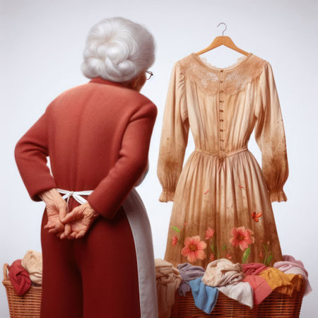 An elderly woman looking at an old dress next to laundry basketsの素材
