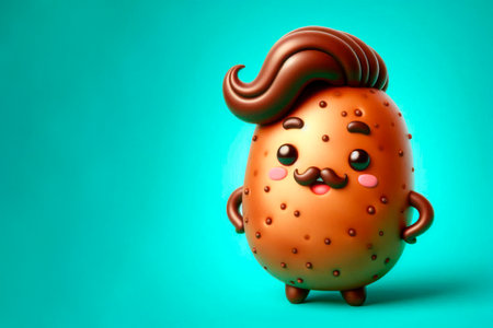 Funny potatoes with mustaches and hairstyle on a clean background. Space for textの素材
