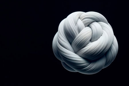 A knot of gray fibers on a black background. Space for textの素材