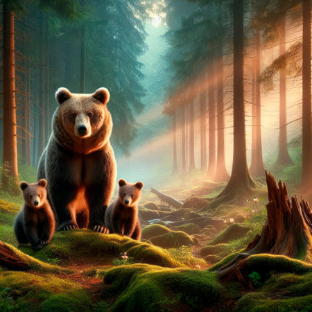 A female bear with two cubs in the forestの素材