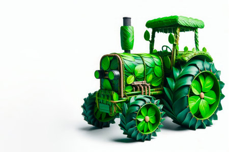 Tractor decorated with leaves, on a light background. Space for textの素材
