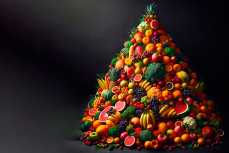 Pyramid of fruit on a dark background. Space for textの素材